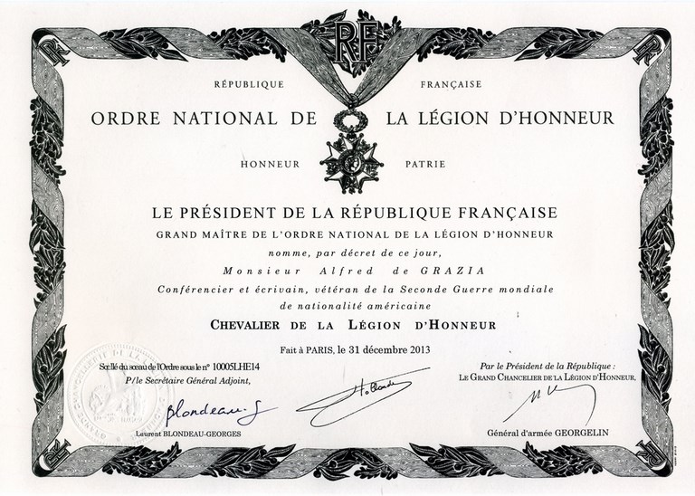 Diplôme Ordre National de la Légion d'Honneur Alfred de Grazia